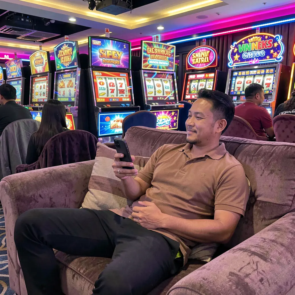 Stylish Malaysian man relaxing on a sofa while using the JOMMAX casino app with bright slot machines and neon lights in the background