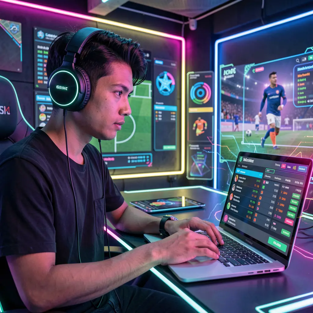 Focused Malaysian sports bettor using a laptop with live match odds and statistics on JOMMAX in a vibrant neon cyber betting environment