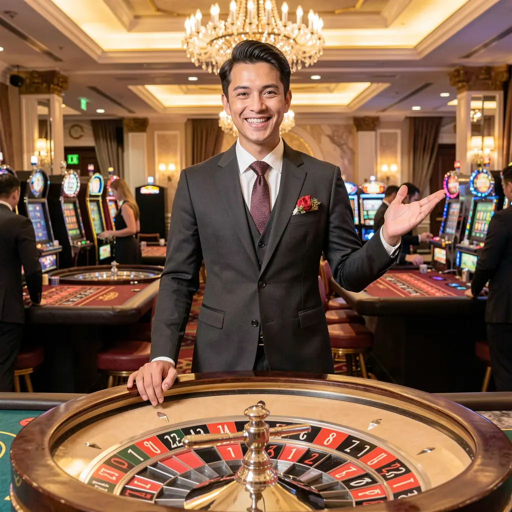 Elegant casino dealer standing at a roulette table in a luxury gaming hall representing the premium live casino experience available on JOMMAX for players in Malaysia