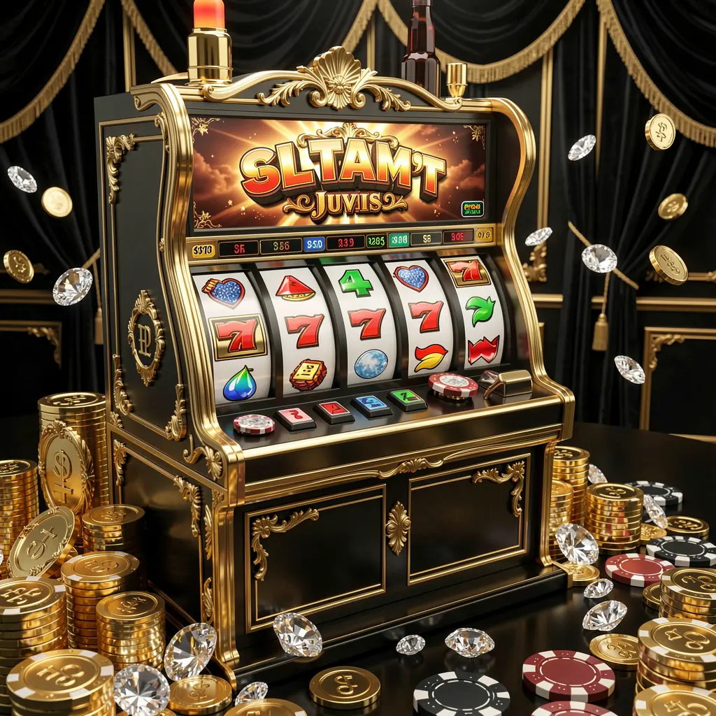 Luxury slot machine with golden details and classic symbols surrounded by coins and poker chips representing high end slot gaming at JOMMAX Malaysia